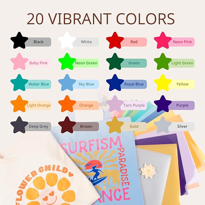 JANDJPACKAGING Heat Transfer Vinyl - 25Pcs HTV Vinyl with Vibrant Colors, Easy to Cut & Weed & Transfer Iron on Vinyl for T-Shirts, 12 x 10in HTV for Heat Press Machine