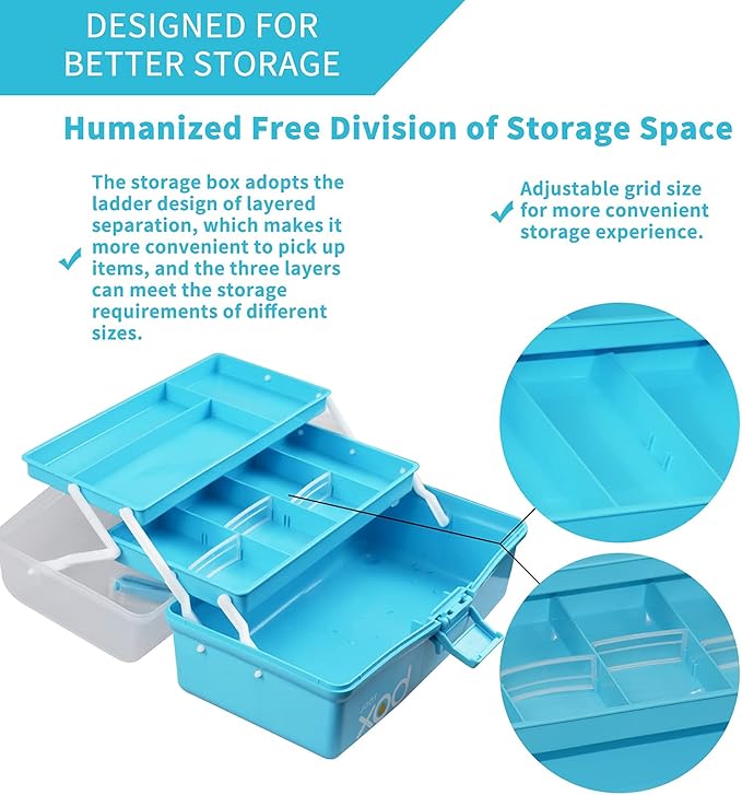 12in Three-Layer Multipurpose Storage Box Organizer Folding Tool Box/Art & Crafts Case/Sewing Supplies Organizer/Medicine Box/Family First Aid Box with 2 Trays (Blue)