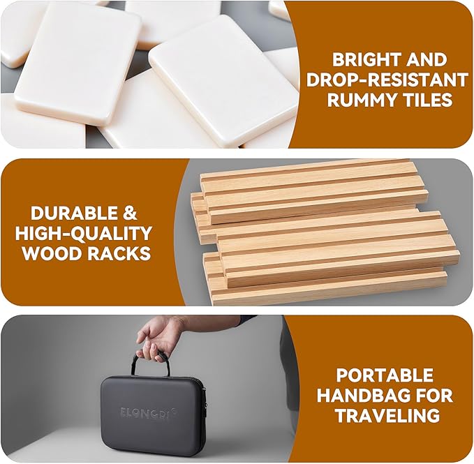 Rummy Cube Game Set with 4 Wooden Racks,106 Rummy Tiles and Portable Case,Classic Travel Board Games for Family Adults and Kids