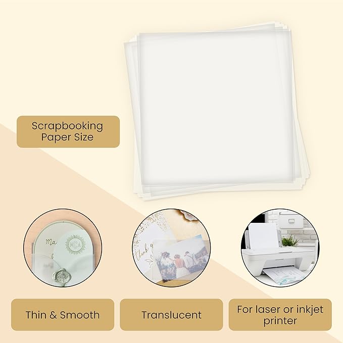 Translucent Vellum Sheets - 100 Sheets, 12 x 12 in, White - 93gsm/63lb Tracing Paper for Drawing & Invitation Paper - Transparent Craft Overlays