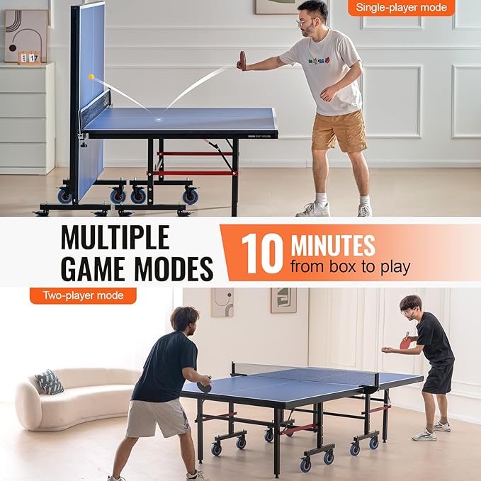 VEVOR Ping Pong Table, Professional Table Tennis Game, Indoor MDF Portable Table Tennis Table, Foldable Ping Pong Table with Quick Clamp Net and Lockable Wheel, 10 Minute Easy Assembly, 25mm Tabletops