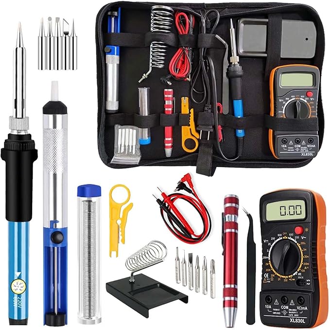Electric Sodering Iron Kit set 110V 60W Adjustable Temperature Soldering Iron Digital Multimeter 5pcs Soldering Tips Solder Wire Stand, Desoldering Pump Tweezers Welding Tool Screwdriver wire stripper