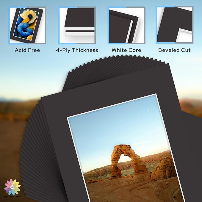 Mat Board Center, Pack of 50, 11x14 for 8x10 Black Mat Kit - Acid Free, 4-ply Thickness, White Core - Includes Backing Boards and Clear Bags - for Pictures, Photos, Framing