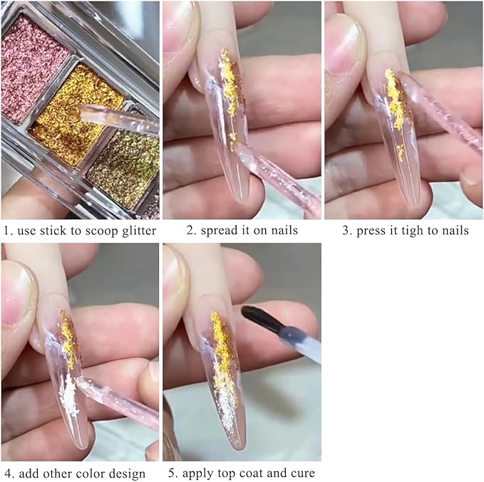 Metallic Nail Art Glitter Set, 6 Colors Gold Flakes for Nails, Mud Texture, Gold Leaf Chameleon Chrome Flakes, Golden Foils Nail Art Decoration, Professional Manicure Supplies