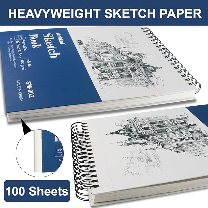 9" x 12" Sketch Book Set, Drawing Paper Pad (68lb/100gsm), 2-Pack Top Spiral Bound Sketch Pad, Double-Sided Hardcover Sketchbook, Art Notebooks Drawing for Kids, Beginners and Artists,100 Sheets Each.