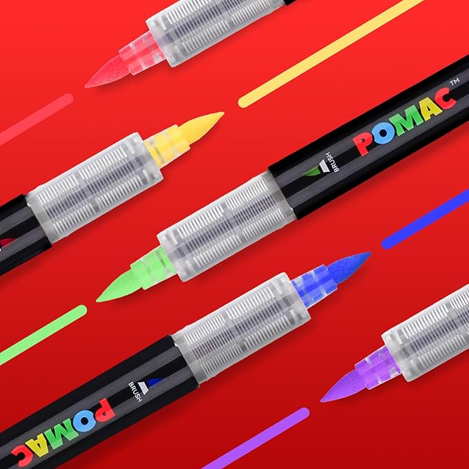 POMAC Acrylic Paint Markers Pens 5 Assorted Colors, Water-Based Paint Markers Pen Brush Tip, No-Bleed Liquid Acrylic Marker Waterproof for Fabric, Canvas, Rock, Glass, Wood, DIY Crafts, Art Supplies