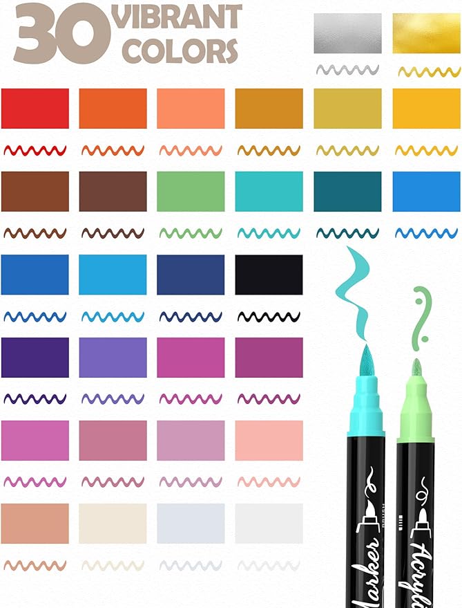 30 Colors Acrylic Paint Pens Markers Waterproof Dual Tip Acrylic Marker Set with Brush & Fine Tip Kid Markers for Rock Painting Wood Scrapbook Fabric Glass Ceramic DIY Craft Art Supplies
