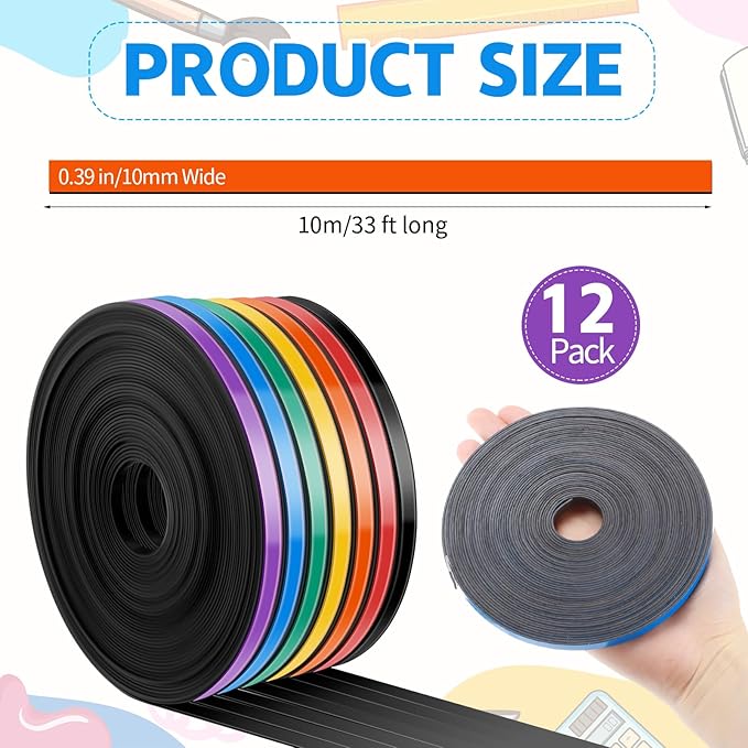 12 Rolls Magnetic Tape Roll Thin Strips, 1/4 Inch x 33 Feet Magnetic Board Dividers Whiteboard Graphic Decorative Tape Marking Line for Classroom Office Art Accessories