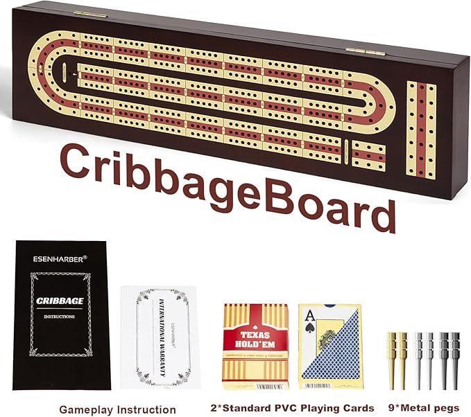 Cribbage Board Game Set, Premium Wooden Board with Magnetic Lock and Metal Pegs, 2 Playing Cards, and Large Storage - Travel-Friendly Continuous 3 Track Board