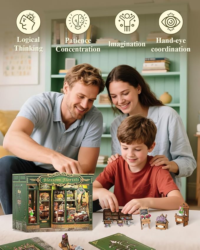 Cutefun Book Nook Kit - DIY Miniature House Dollhouse Kit, Book Nook Kits for Adults, Bookshelf Insert Bookend with LED Light for Teens and Adults (Blossom Florists)