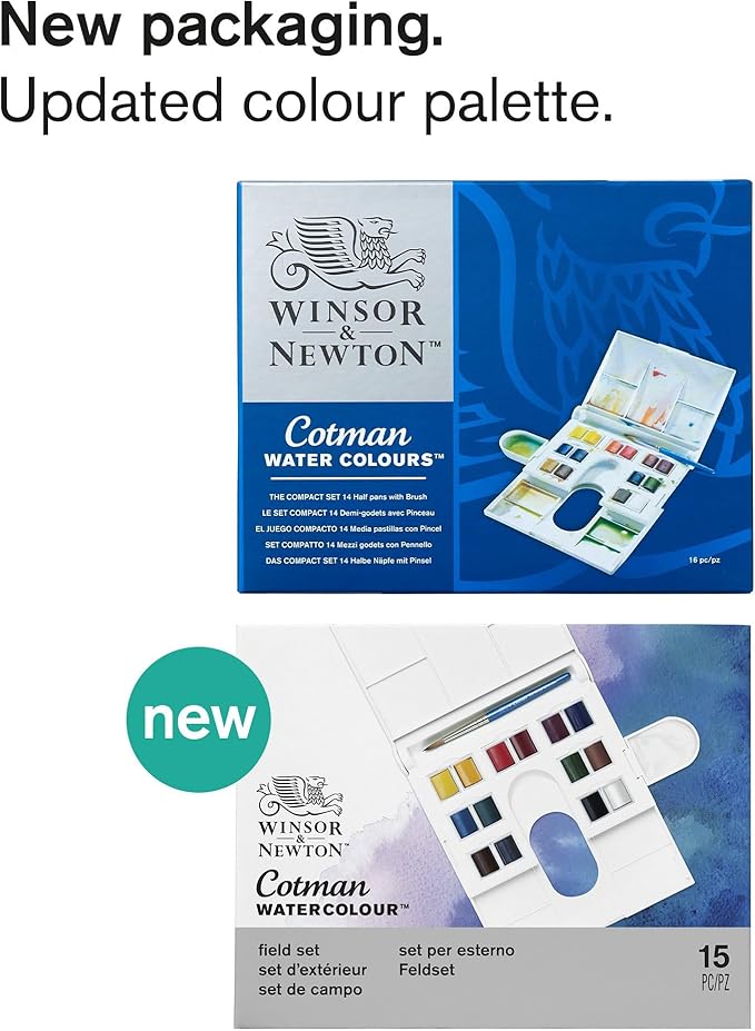 Winsor & Newton Cotman Watercolor Paint Set, Field Set, 14 Half Pan w/ Brush, Mixing Palette