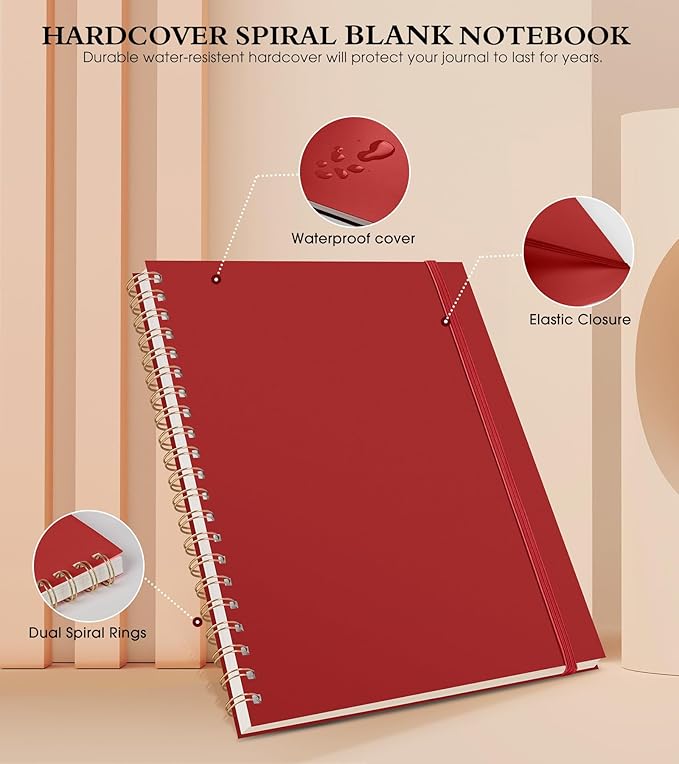 Blank Spiral Notebook Journal 8.5” x 11”, A4 Large Sketch Book for Women Men, 100 GSM Blank Paper Drawing Notebook, Plastic Hardcover Spiral Bound Sketchbook for Sketching Work School Writing, Red