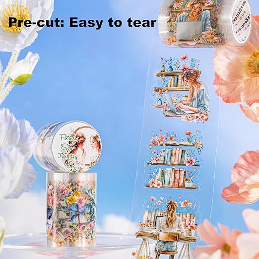 Dreamy Floral PET Tape Set with Clip, 6 Rolls Pre-Cut Vintage Tape for Journaling, Scrapbooking, DIY Crafts, and Planners