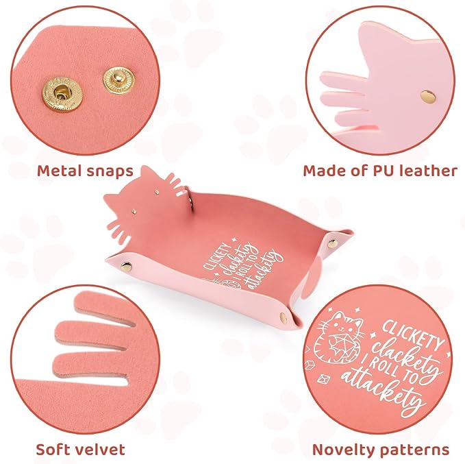 Cat Dice Tray Pinkk for Rolling Funny Folding Leather Dice Tray Portable Travelling Dice Storage Accessories Decorative Desk Organizer for RPG, DND Game Players