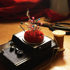 HARFINGTON Pin Cushion Wooden Base Japanese Style Round Pincushion Needle Holder for Sewing Quilting Needlework DIY Crafts, Dark Red