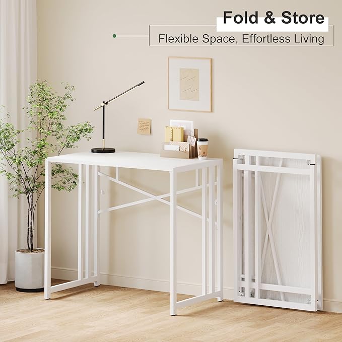 Small Folding Desk 35 inch, No Assembly Required Narrow Office Desk, Writing Gaming Computer Camping Table, White
