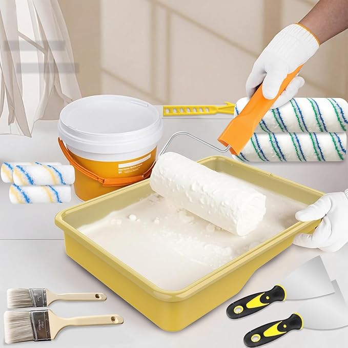 Paint Roller Kit with Extension Pole, Paint Brushes Set for Walls, Painting Supplies for Home Interior with Paint Brush, Paint Rollers, Paint Tray, Paint Tray Liner, Scraper etc.