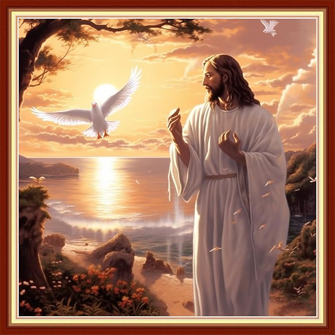 Foxdiviy Stamped Cross Stitch Kits Full Range of Embroidery Needlework Starter Kits for Beginners Adults 11CT Embroidery Patterns Art Crafts DIY Needlepoint Kits-Jesus by The Sea 18x18 inch