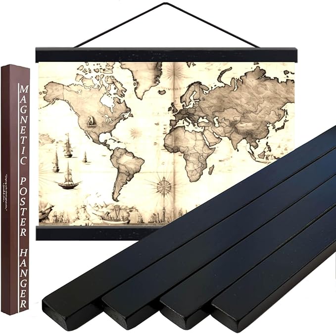 DACRI HOME 54" Magnetic Poster Hanger Frame - Sturdy Teak Wood Poster Frame 54x30 54x36 54x38, Strong Magnets for Easy Hanging Map Picture Canvas Print Scroll Wall Art (54 Inch, Black)