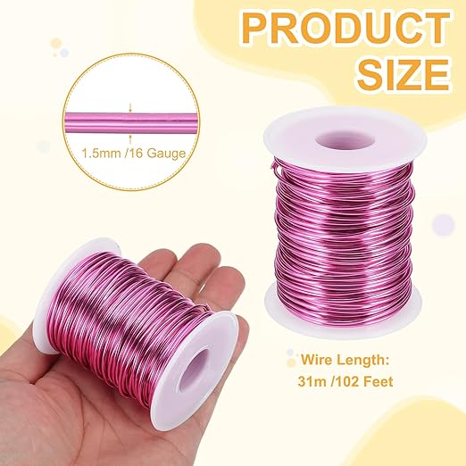 uxcell 16 Gauge / 1.5mm Anodized Aluminum Wire for Jewelry Craft Making, 102 Feet Bendable Flexible Wire for DIY Home Decor Gardening Sculpture, Dark Pink