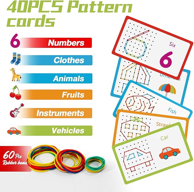 2Pack Wooden Geoboard Montessori Toys - Wood Geo Board Manipulative Geoboards for 4 5 6 Year Old Kids with Pattern Cards and Rubber Bands,Brain Teaser STEM Toy for Boys Girls Ages 3-6