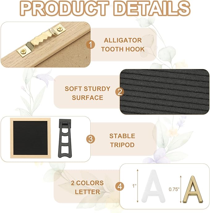 PATIKIL Felt Letter Board, 10x10Inches Black Wooden Changeable Message Board with Storage Bag Stand for Kitchen Menu Classroom Farmhouse Decor Notes, White Bronze Letter