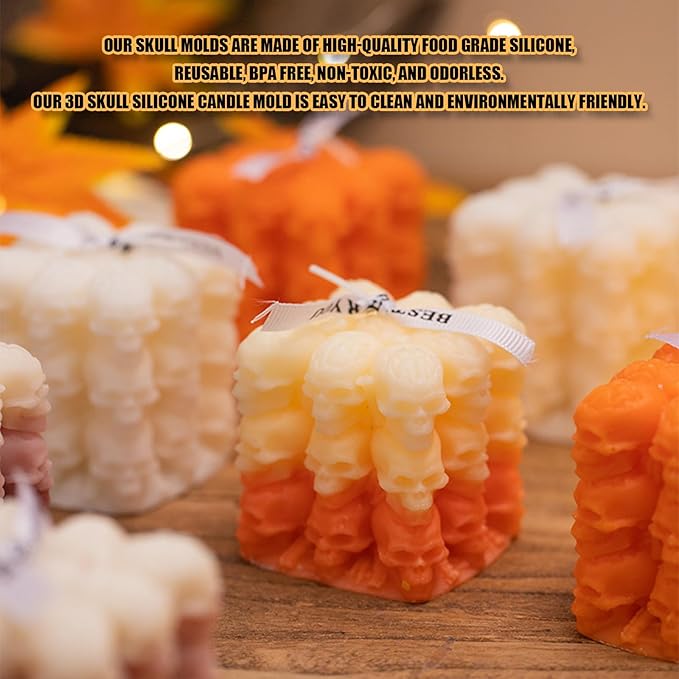 Halloween Candle Molds,1PC Cube Bubble Skull Silicone Candle Mould,3D Silicone Mold for Epoxy Resin Handmade Aromatherapy Candles Wax Soap Halloween Decor (Skul Pattern)