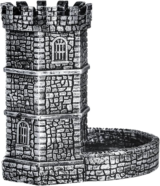 Castle DND Dice Tower, Wall Carving Dice Rolling Tower for Role Playing Game | Easy Roller Perfect for Board Game, D&D and RPG (Ancient Silver)