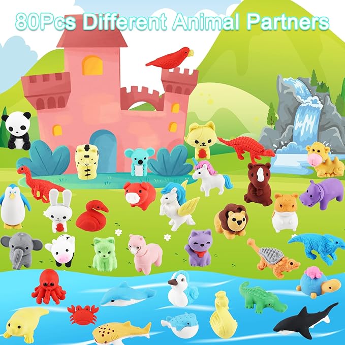80Pcs Animal Erasers Kids Desk Pets Pencil Erasers 3D Puzzle Eraser Bulk Fun Cute Mini Animal Eraser Toys for Classroom Rewards, Game Prizes, Treasure Box, Easter Egg Fillers