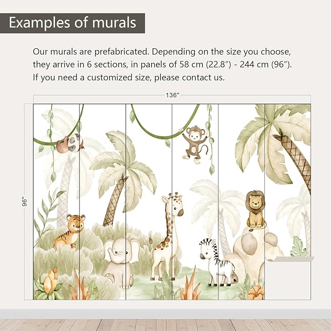 AFZEVEB-Safari Wallpaper Watercolor Animal Nursery Wall murals for Kids Room 136"x96"(Not Peel and Stick)