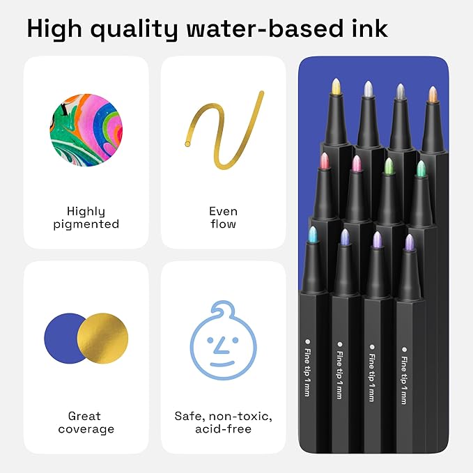 ARTISTRO 12 Metallic Markers with Fine Tip, Metallic Acrylic Paint Pens, Pre-Activated, for Kids & Adults, for Black Paper & Rocks