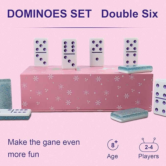 IDTQ Dominoes Set for Adults, Double 6 Dominos Game Set with 28 Domino Tiles Double with Upscale Gift Boxes -7 Polyhedral Dice -Classic Board Games (Light Blue)