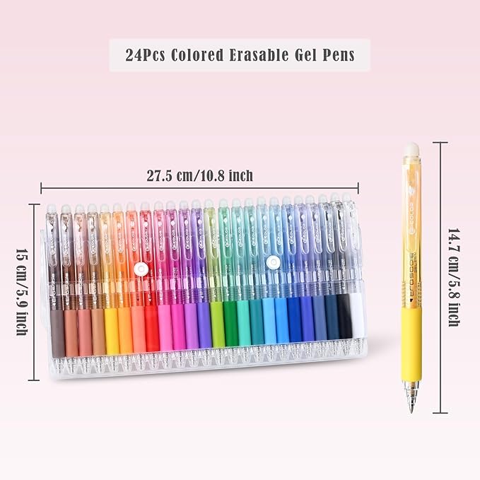 BAYTORY 24Pcs Colored Erasable Gel Pens, Fine Point 0.7mm, Retractable Assorted Colors Pen with Eraser, Smooth Writing Erasable Pens for Drawing Crossword Puzzles