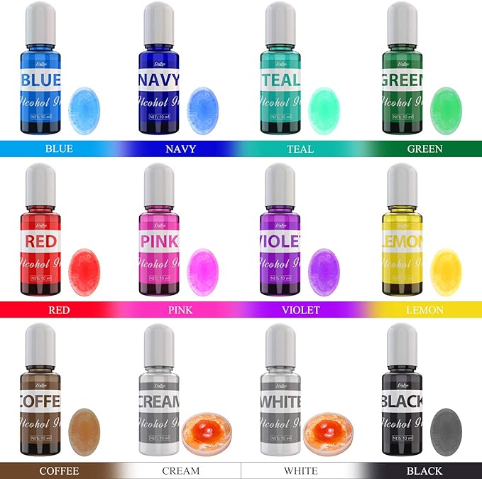 Alcohol Ink Set - 12 x 0.35oz Colors Alcohol Based Ink for Epoxy Resin Painting, Resin Petri Dish Making, Resin Art - Concentrated Alcohol Paint Color Dye for Coaster, Yupo, Tumbler Making - 10ml Each