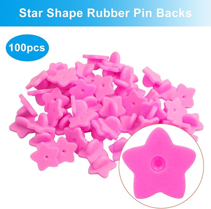 100 Pack Star Shape Rubber Pin Backs, Lapel Pin Backing Locking Pin Keepers, Brooch Holder for Uniform Badge Hat Tie（Pink）