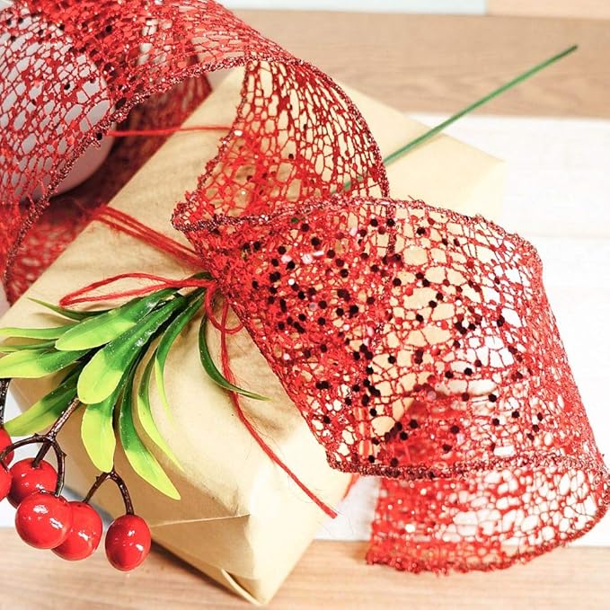 CT CRAFT LLC Sparkling Glitter Mesh Wired Ribbon 2.5" x 10 Yards Red for Christmas Home Decor Bow Gift Wrapping DIY Crafts Wreath