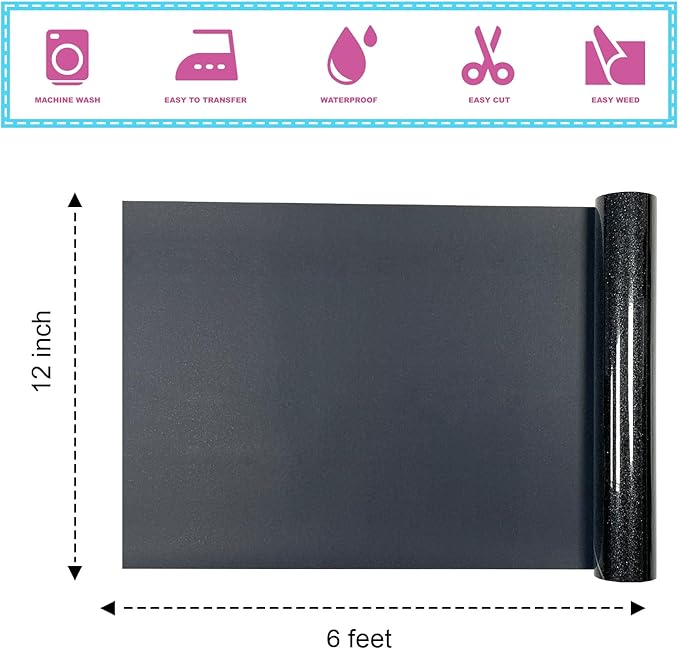 Black Glitter HTV Heat Transfer Vinyl 12" x6FT Glitter Vinyl for T Shirts Easy to Cut and Weed Compatible with All Cutter Machines HTV Vinyl Iron on for Cricut (Black, 12Inches*6Ft)