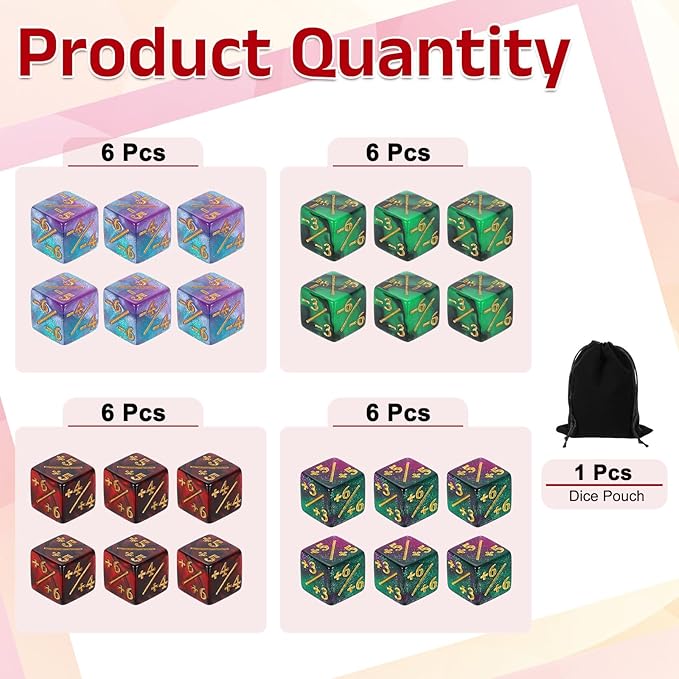 uxcell 24Pcs Magic Dice Counters, Acrylic D6 Life Token Dice Set with Pouch for Standard Cards Gaming Accessories, Red & Black, Green & Black, Green & Purple, Blue & Purple