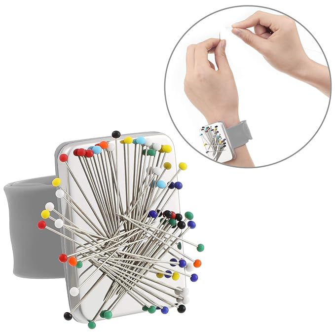 WILLBOND Magnetic Wrist Sewing Pincushion Wrist Magnetic Pin Holder Wristband Pin Cushion Holder with 3 Pcs Stainless Steel Pintail Comb Rat Tail Comb for Hair Clips Hand Sewing(Gray)