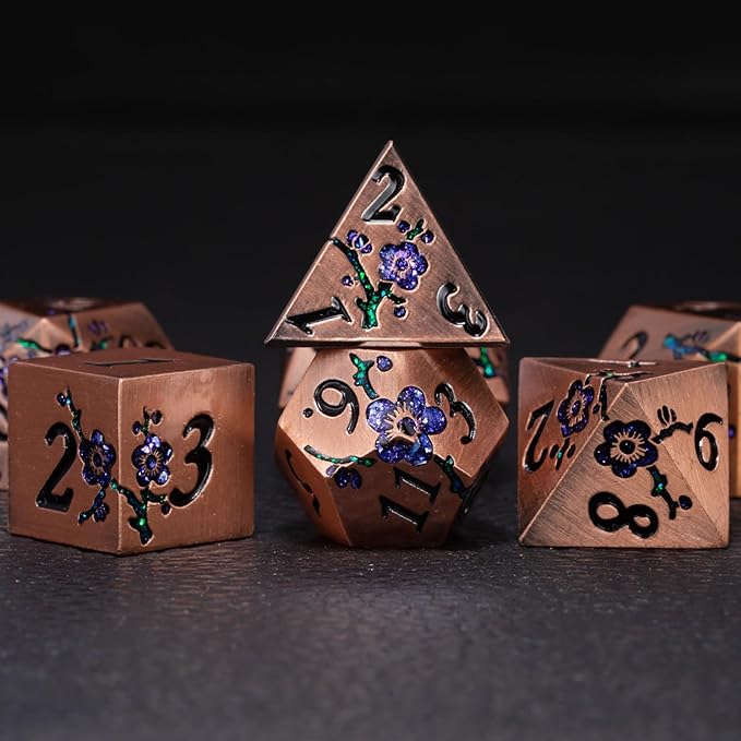 Metal DND Dice Set, Dungeons and Dragons Metallic Flower Dice with Gift Case, Polyhedral Dice Sets for Tabletop Games (Antique Red Copper - Purple)