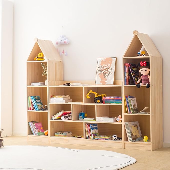 Wooden 7 Compartment Storage Cabinet Organizer Kids 3 Tier Wood Bookshelf School Storage Shelf Classroom Furniture for Kids Natural (47.24" L x 11.81" W x 35.43" H)