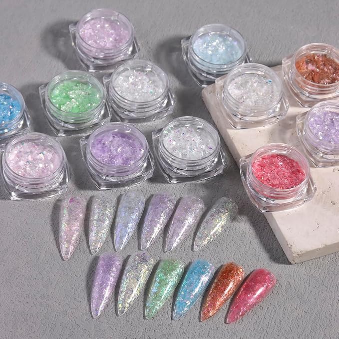 Holographic Nail Art Glitter Iridescent Flakes, 12 Colors Aurora Irregular Opal Nail Foil Flakes Ultra-Thin Nail Glitters Sequins Manicure Decorations for DIY Gel Polish Nail Art, Resin Craft, Gifts