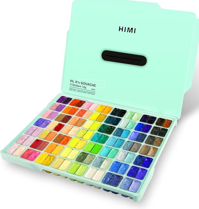 HIMI Gouache Paint Set, 112 Colors x 12g Twin Jelly Cup Design with Portable Case, Non-Toxic, Opaque Professional Paint for Canvas and Watercolor Paper | Beginners, Students, Artists