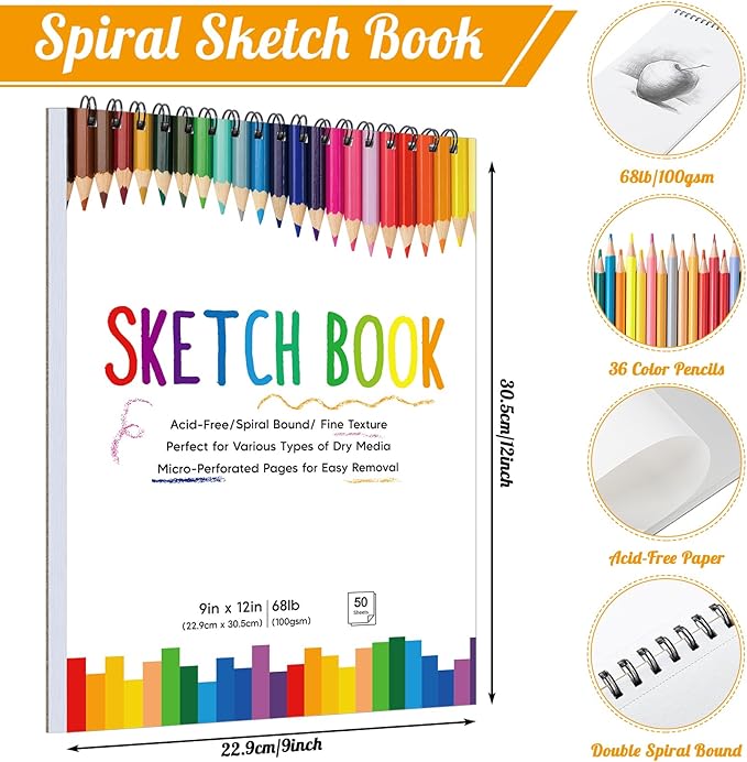 2 Pack Sketch Book with 36 Color Pencil Set, Spiral Kids Sketchbook for Drawing (68lb/100gsm), Acid-Free Sketch Pad for Kids Artist, Art Paper Drawing Supplies for Gifts (9×12 inch)