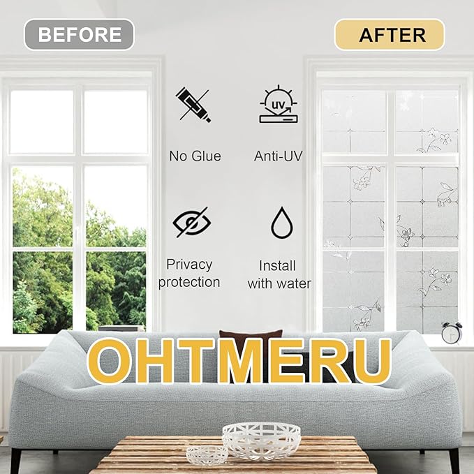 Window Privacy Film Decorative for Front Door, Bathroom Static Cling Stained Glass Sticker Opaque Heat Control UV Blocking Non-Adhesive for Home Windows, Fresh Flowers