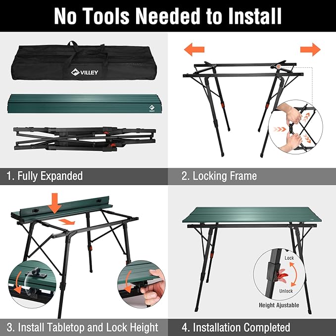 VILLEY Portable Camping Table with Adjustable Legs, Lightweight Aluminum Folding Beach Table with Carrying Bag for Outdoor Cooking, Picnic, Beach, Backyards, BBQ and Party