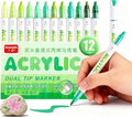 kander 12 Colors Dual Tip Acrylic Paint Markers, Green Color — Extra Fine & Soft Brush Pen Set with Direct Ink Flow for Sketching, Detailing, Coloring on Wood, Canvas, Rock, Glass, DIY Crafts