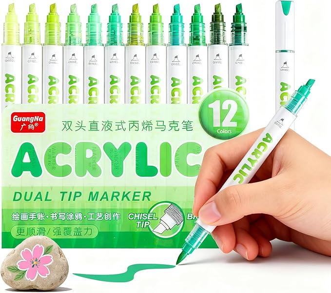 kander 12 Colors Dual Tip Acrylic Paint Markers, Green Color — Extra Fine & Soft Brush Pen Set with Direct Ink Flow for Sketching, Detailing, Coloring on Wood, Canvas, Rock, Glass, DIY Crafts