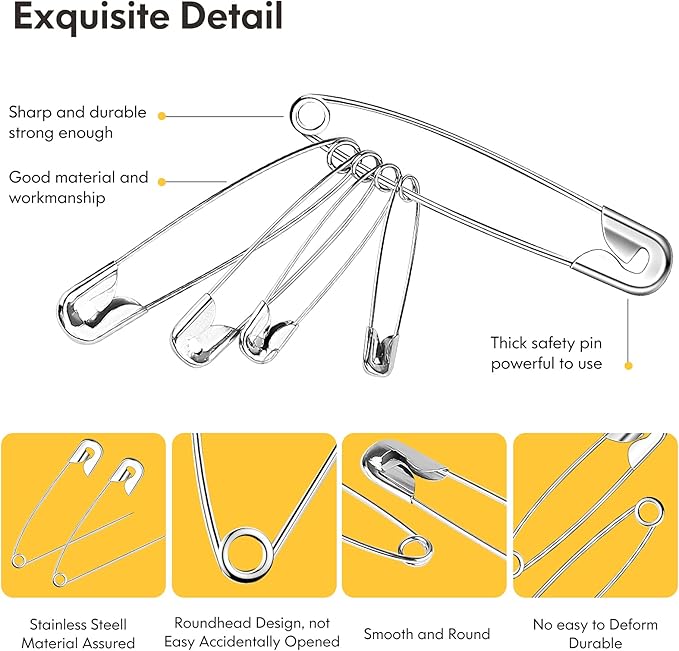Huhuhero 340 Pack Safety Pins Assorted, Small & Large Heavy Duty Safety Pins for Clothes Costume Sewing, 5 Different Sizes Nickel Plated Steel Pin Bulk, Crafts Art Supplies, Silver