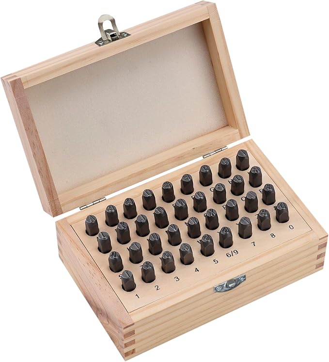 HimaPro Letter and Number Stamp Set 36pcs 40Cr Alloy Steel Metal Stamp Number & Letter Punch Set in a Wooden case (6mm 1/4 Inch)